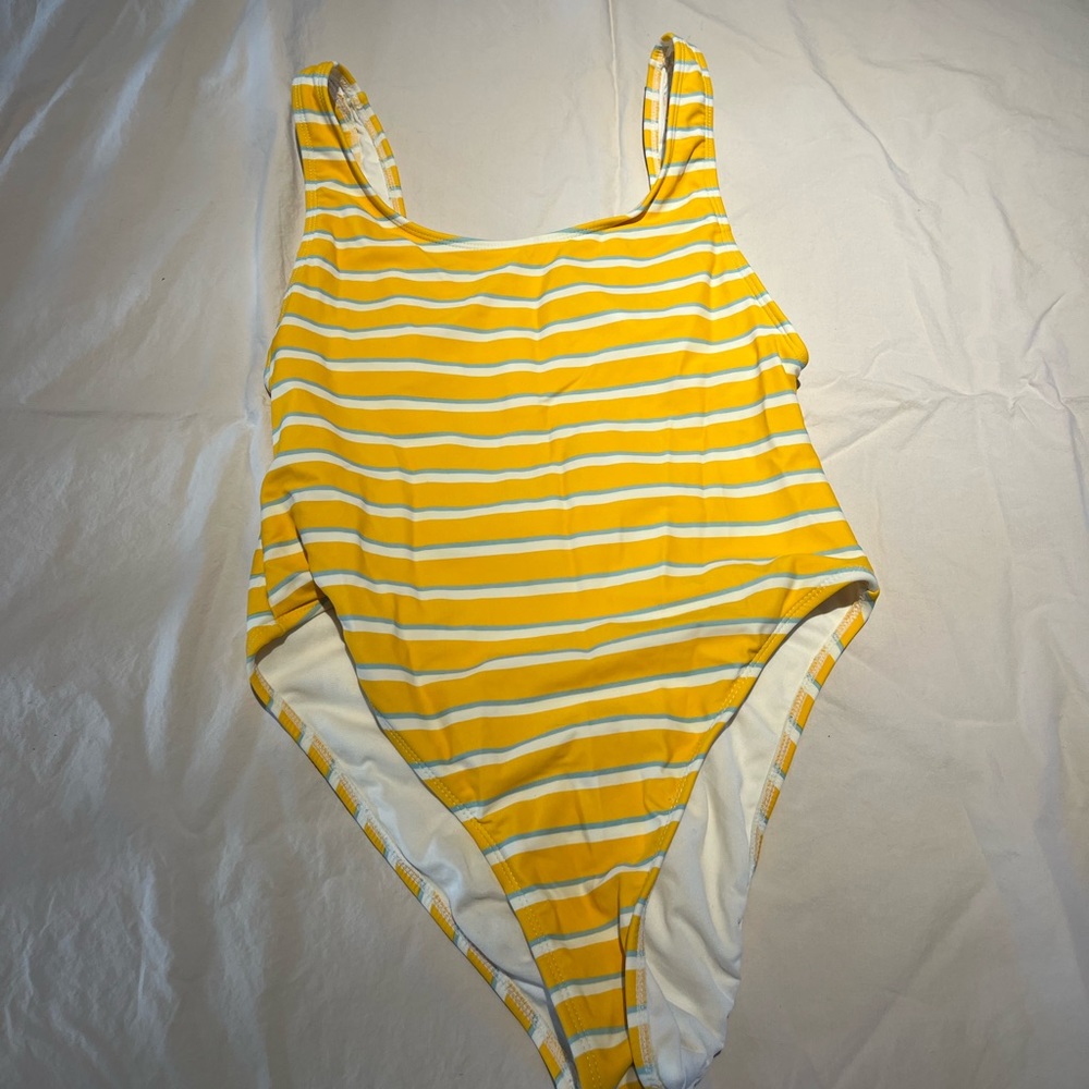 Yellow and blue striped swimsuit one piece high leg 80’s inspired target